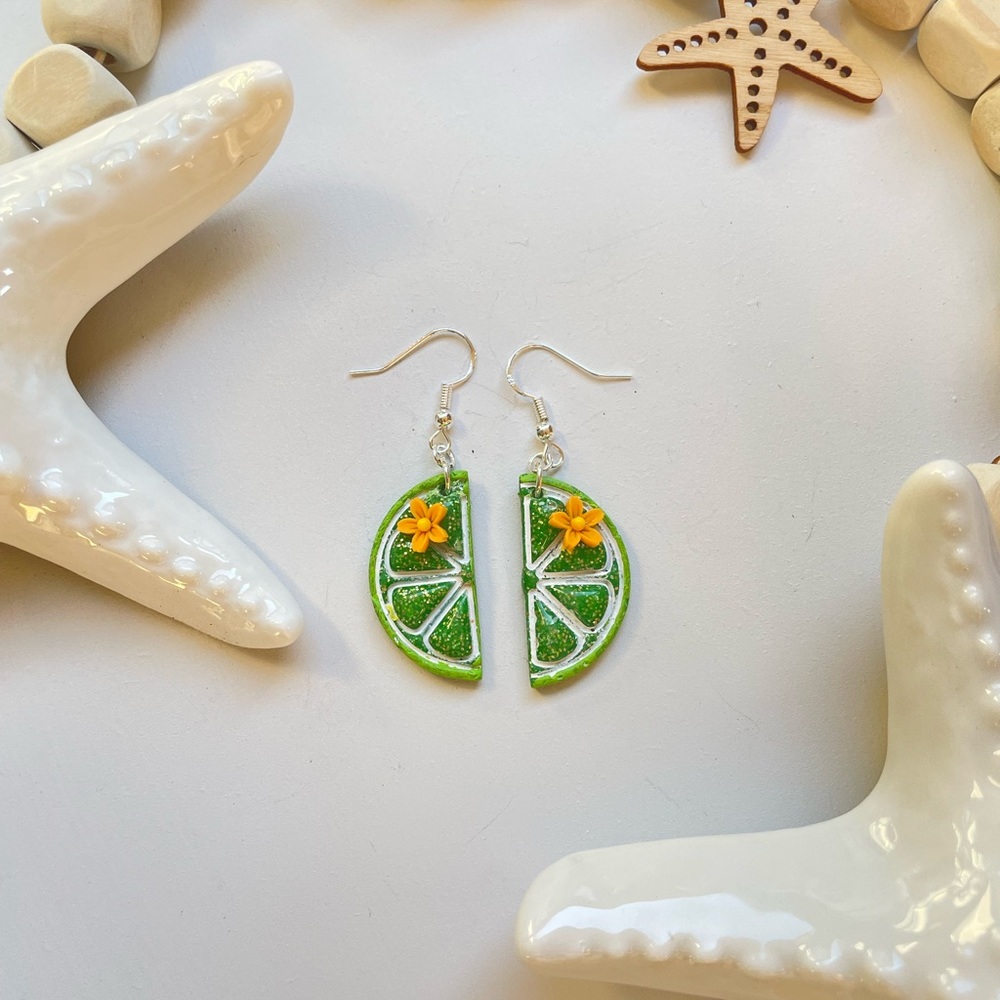 Sparkly glitter lime slice dangle earring